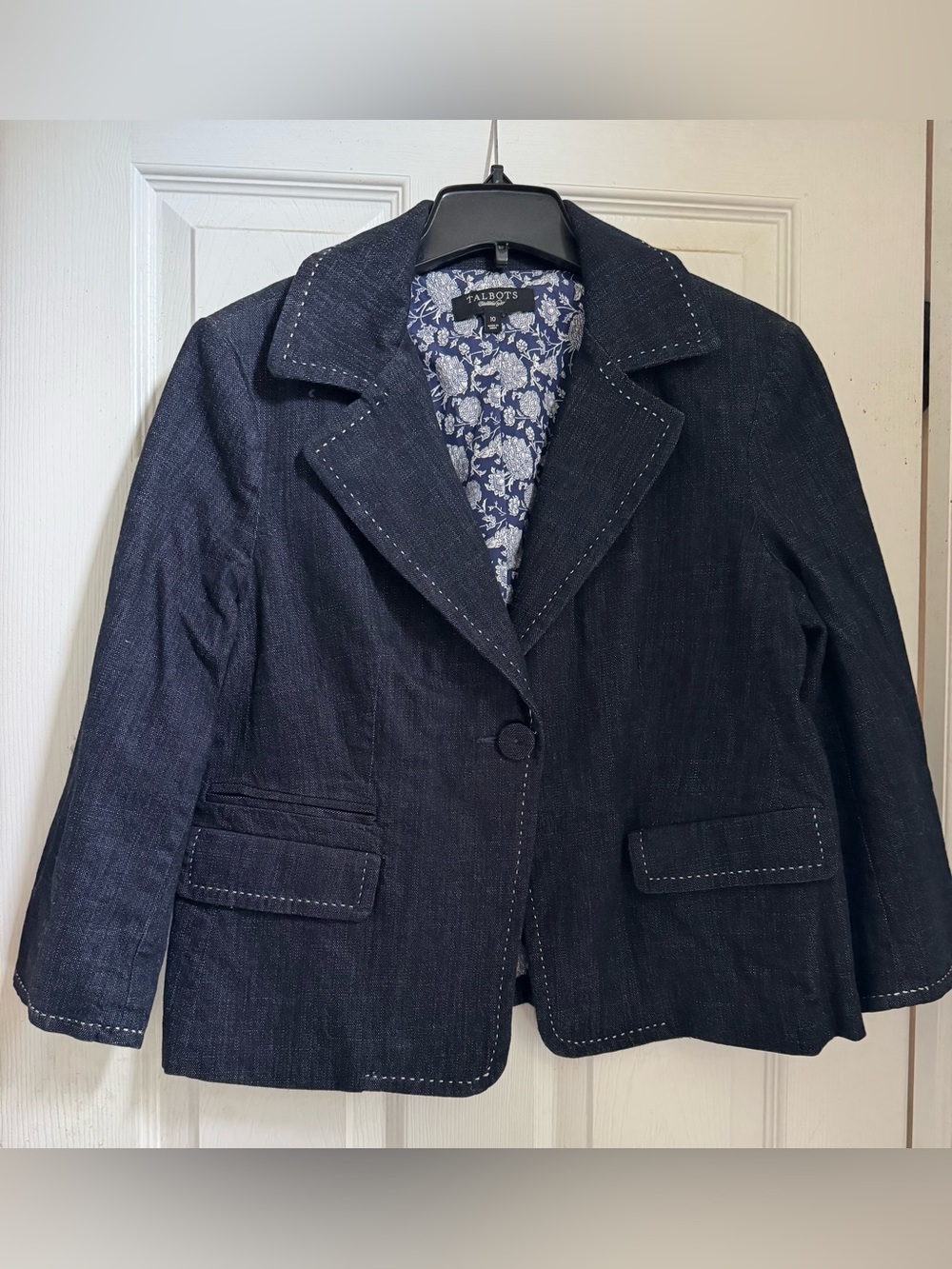 Talbots Dark Navy Denim Look Blazer with Stitch Detail